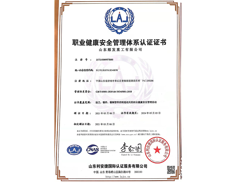 職業(yè)健康安全管理體系認證證書